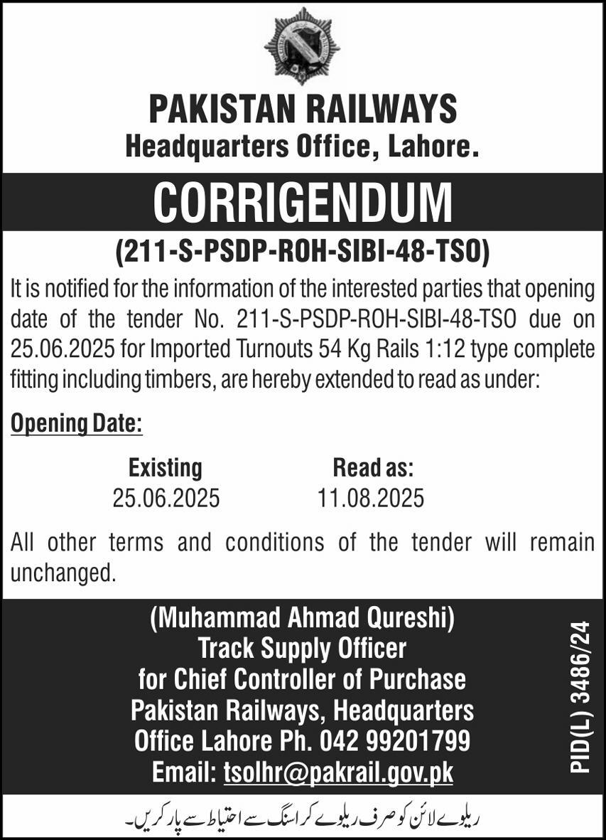 Pakistan Railwaus Lahore Tender Notice-1
